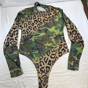 Women's Camo Cheetah Print Long Sleeve Bodysuit Large